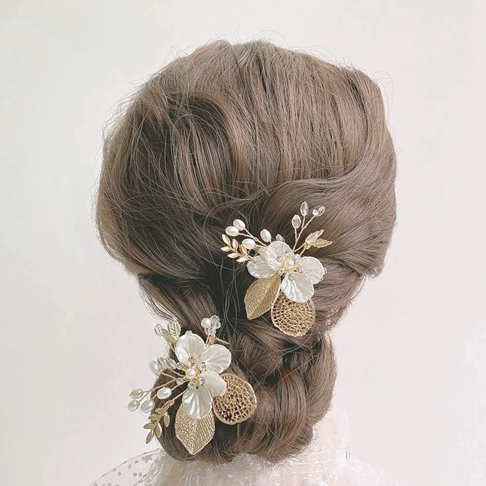 PRDGIRL Wedding Flower Girl Hair Pins Bride Pearl Hair Piece Crystals Hair Clips Bridal Hair Accessories for Women and Girls Pack of 2 (Gold)
