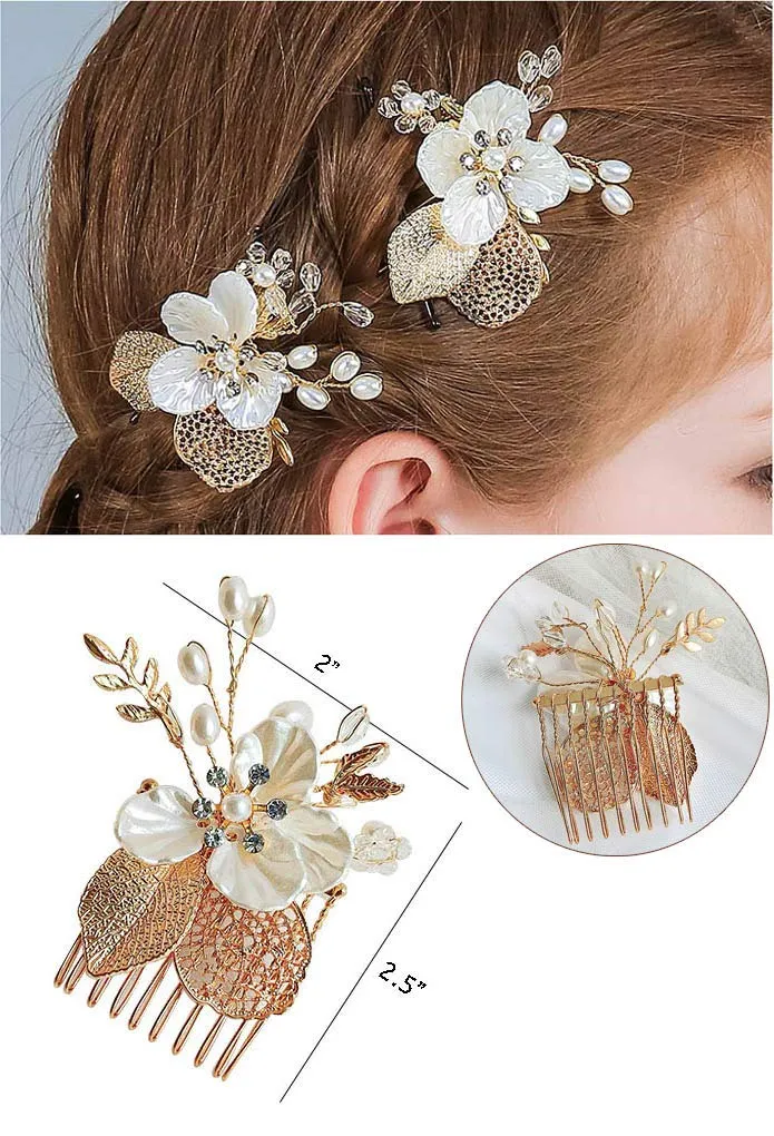 PRDGIRL Wedding Flower Girl Hair Pins Bride Pearl Hair Piece Crystals Hair Clips Bridal Hair Accessories for Women and Girls Pack of 2 (Gold)
