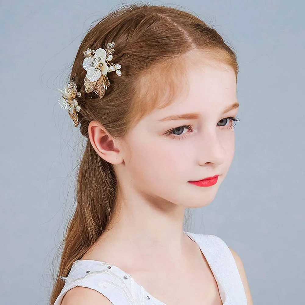 PRDGIRL Wedding Flower Girl Hair Pins Bride Pearl Hair Piece Crystals Hair Clips Bridal Hair Accessories for Women and Girls Pack of 2 (Gold)