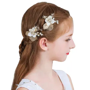 PRDGIRL Wedding Flower Girl Hair Pins Bride Pearl Hair Piece Crystals Hair Clips Bridal Hair Accessories for Women and Girls Pack of 2 (Gold)