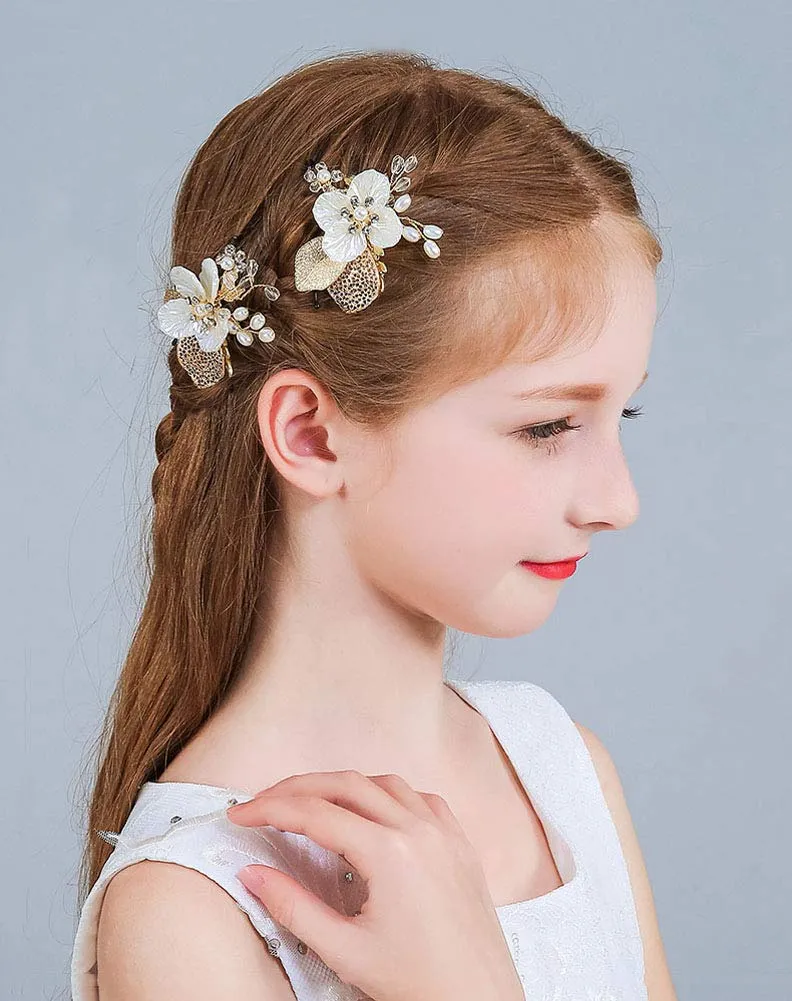 PRDGIRL Wedding Flower Girl Hair Pins Bride Pearl Hair Piece Crystals Hair Clips Bridal Hair Accessories for Women and Girls Pack of 2 (Gold)