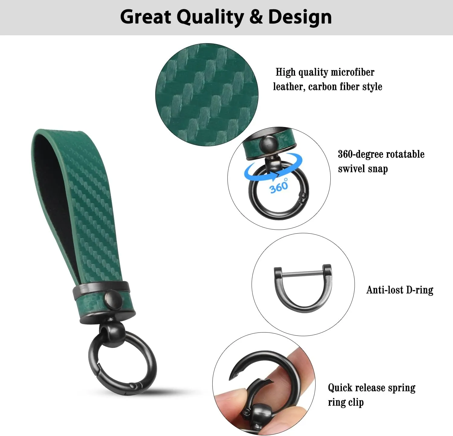 QBUC Carbon Fiber Style Car Key Chain Microfiber Leather Key Fob Keychains for Men Women with 360-degree Rotatable Swivel, Anti-Lost D-Ring, 2 Keyrings (Green)