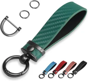 QBUC Carbon Fiber Style Car Key Chain Microfiber Leather Key Fob Keychains for Men Women with 360-degree Rotatable Swivel, Anti-Lost D-Ring, 2 Keyrings (Green)