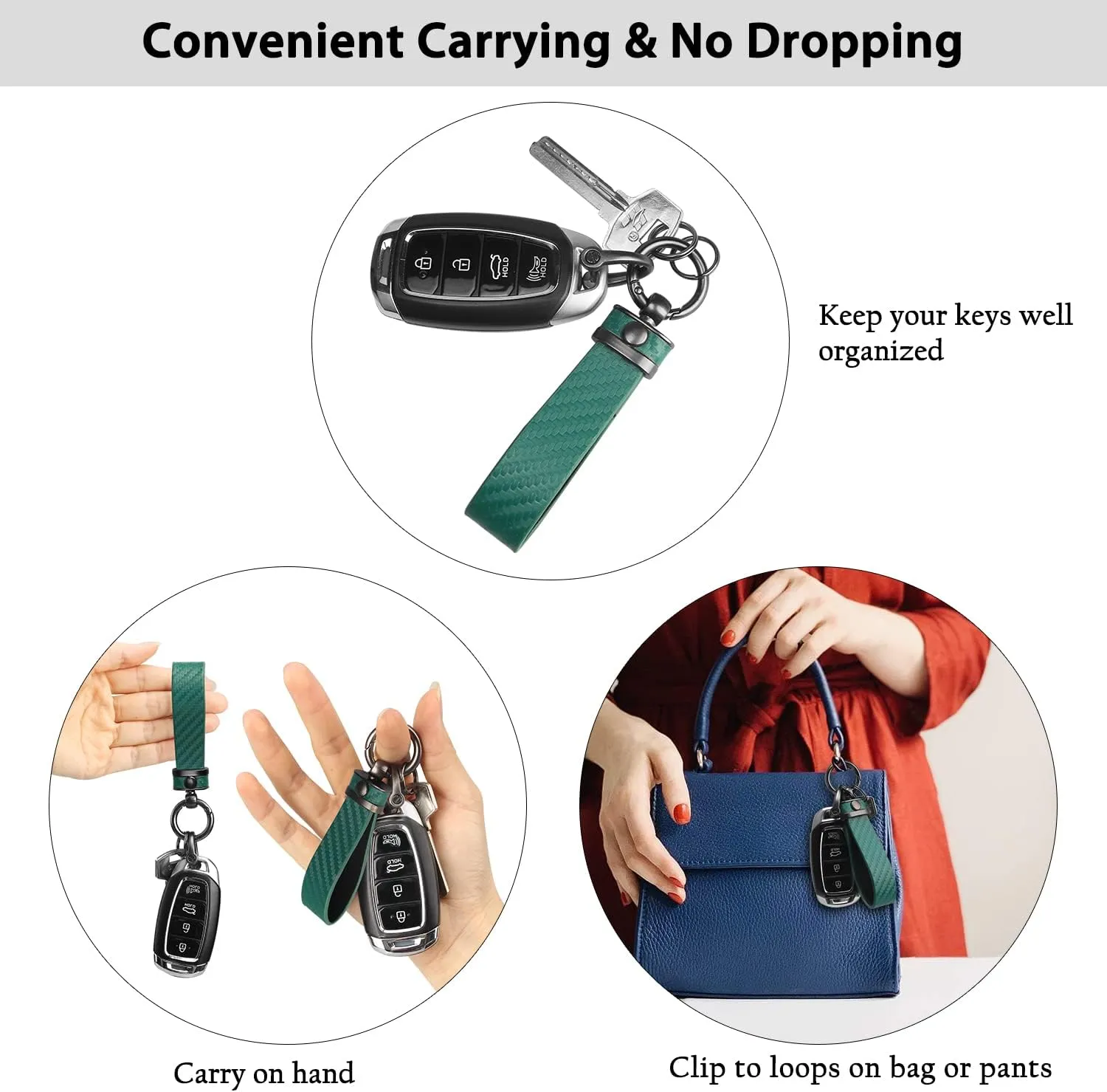 QBUC Carbon Fiber Style Car Key Chain Microfiber Leather Key Fob Keychains for Men Women with 360-degree Rotatable Swivel, Anti-Lost D-Ring, 2 Keyrings (Green)