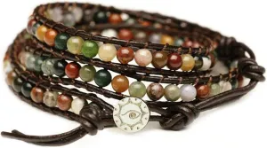"Hot Mix Color India Agate Stainless Steel Snap Button Lock Genuine Leather Bracelet