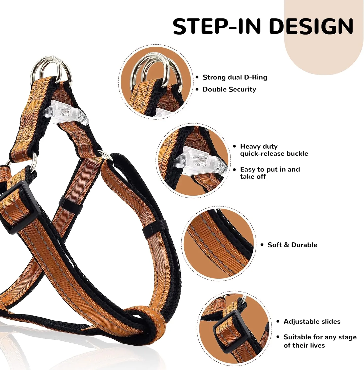 Reflective Dog Harness for Medium Dogs - No Pull, Step-in Adjustable, Coffee Brown