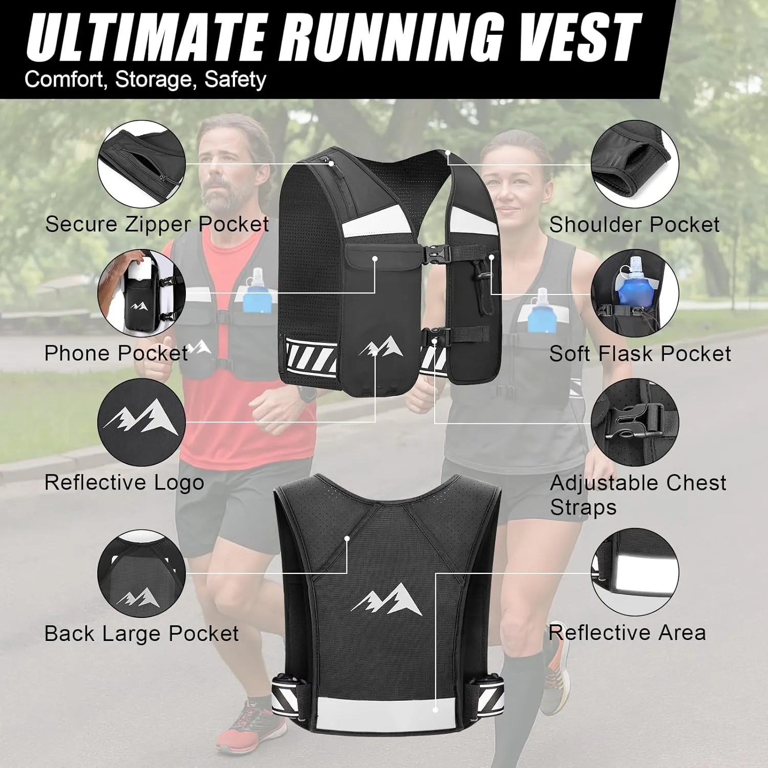 Running Vest for Women & Men,Hydration Vest w/ 17 oz Water Bottle,Breathable & Reflective w/ Adjustable Chest Straps & Waterproof Phone Pouch for Run,Trail,Hiking
