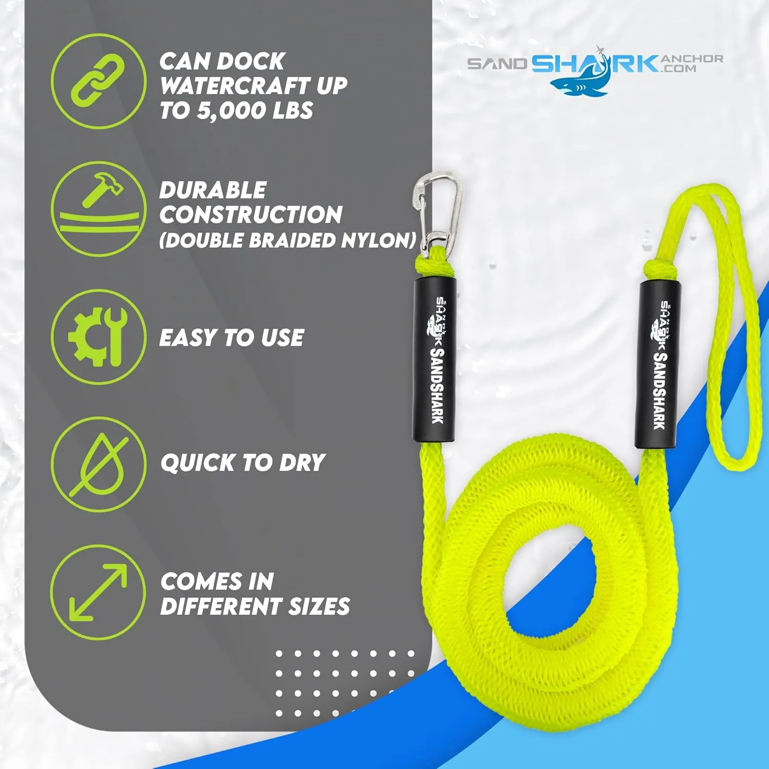 SandShark Premium Anchor Bungee Dock Line. Boat Accessories Anchor Line Absorbs Shock to Anchors and Docks w/Stainless Steel Clip - Neon Green - 7-14ft