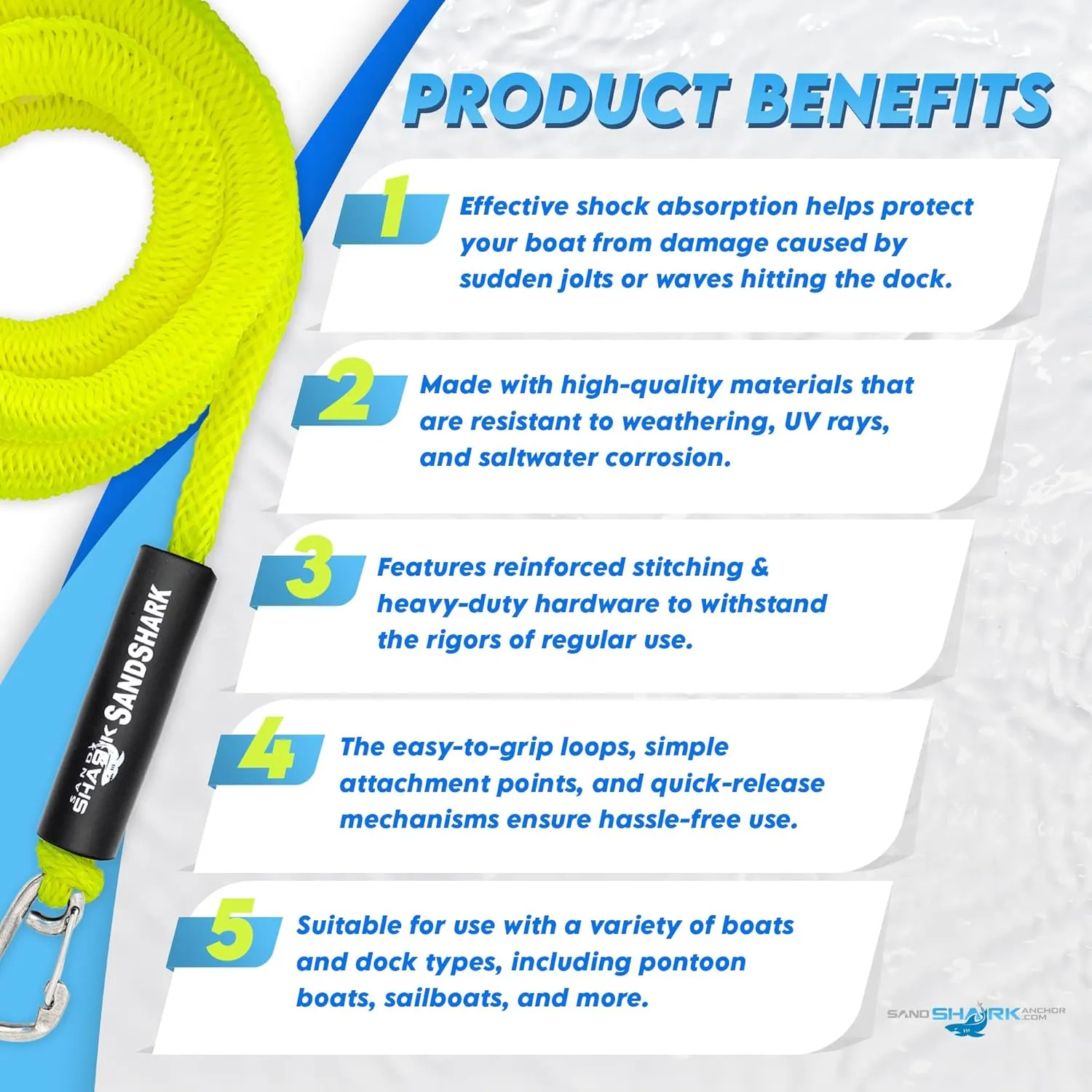 SandShark Premium Anchor Bungee Dock Line. Boat Accessories Anchor Line Absorbs Shock to Anchors and Docks w/Stainless Steel Clip - Neon Green - 7-14ft
