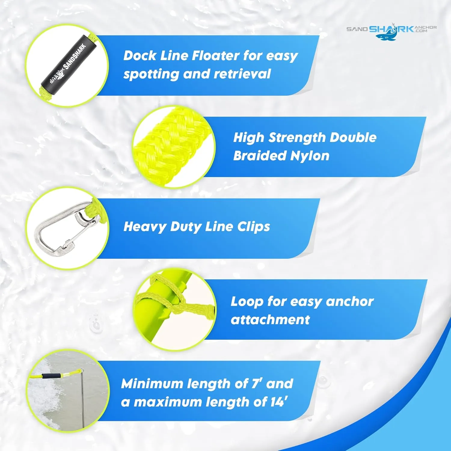 SandShark Premium Anchor Bungee Dock Line. Boat Accessories Anchor Line Absorbs Shock to Anchors and Docks w/Stainless Steel Clip - Neon Green - 7-14ft