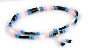 Seed Bead Stretch Anklet, Blue Pink and White, Transgender Flag Colors, Multi Strand Layer Ankle Bracelet with Charm