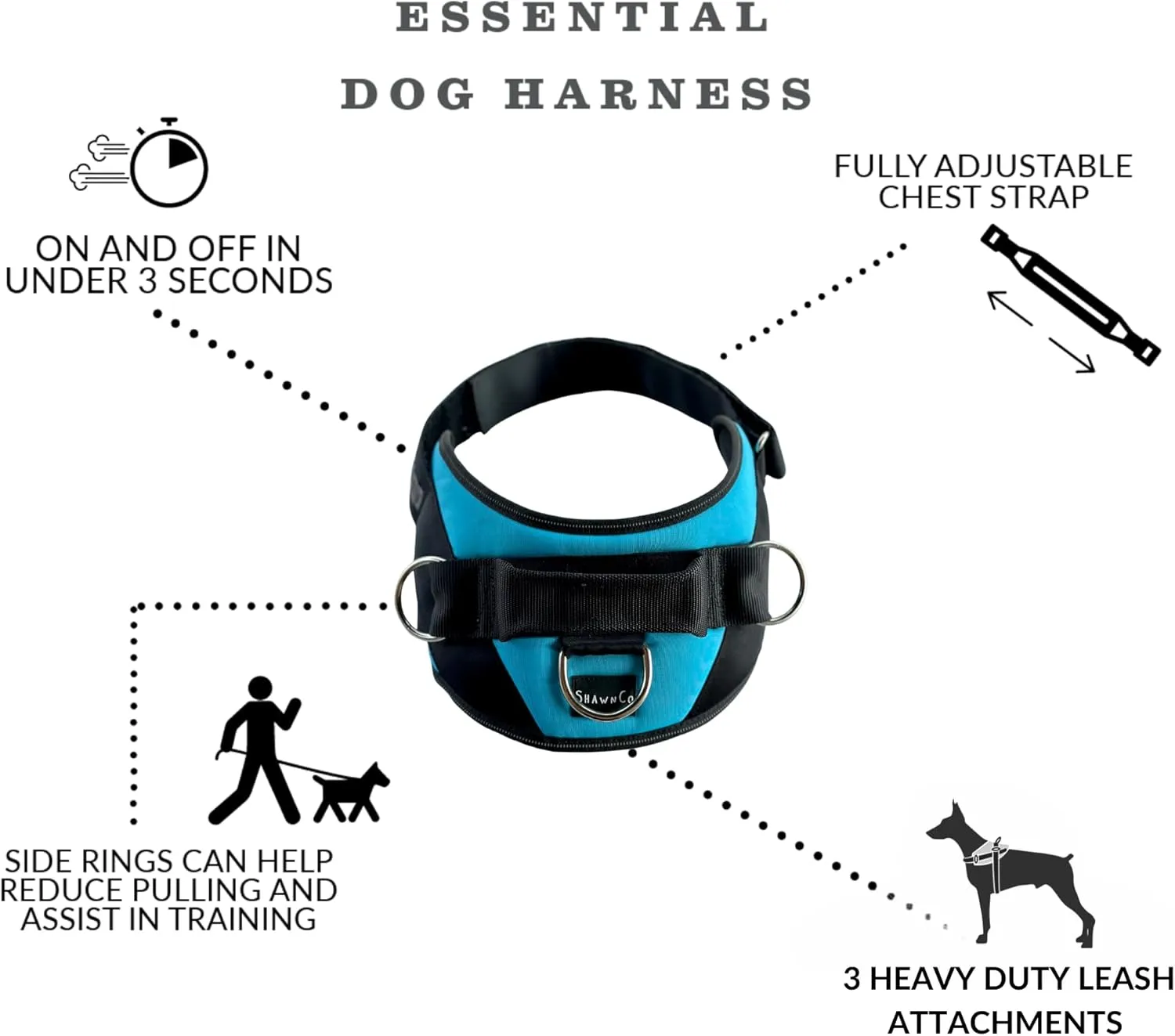 ShawnCo Essential Dog Harness, No-Pull Pet Vest with 3 Leash Clips, No Choke, Reflective, Adjustable and Padded, for Easy Walking and Training for Small, Medium and Large Dogs (Seafoam, M)