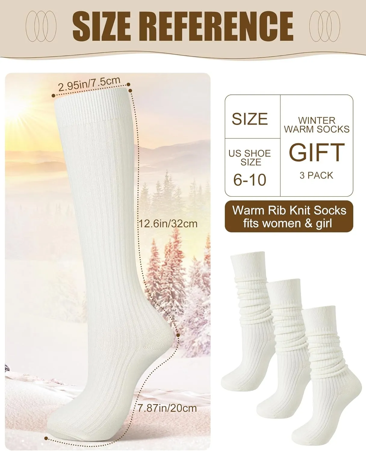 Shihanee 3 Pairs Women Cashmere Cotton Knee High Socks Long Ribbed Knit Slouchy Boot Socks Soft Warm for Women Girls