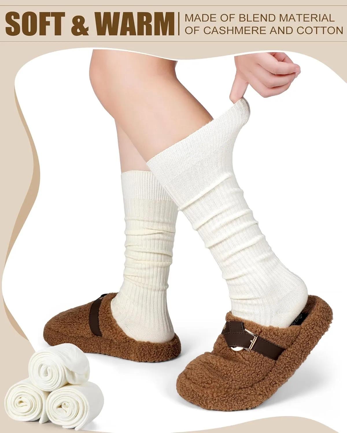 Shihanee 3 Pairs Women Cashmere Cotton Knee High Socks Long Ribbed Knit Slouchy Boot Socks Soft Warm for Women Girls