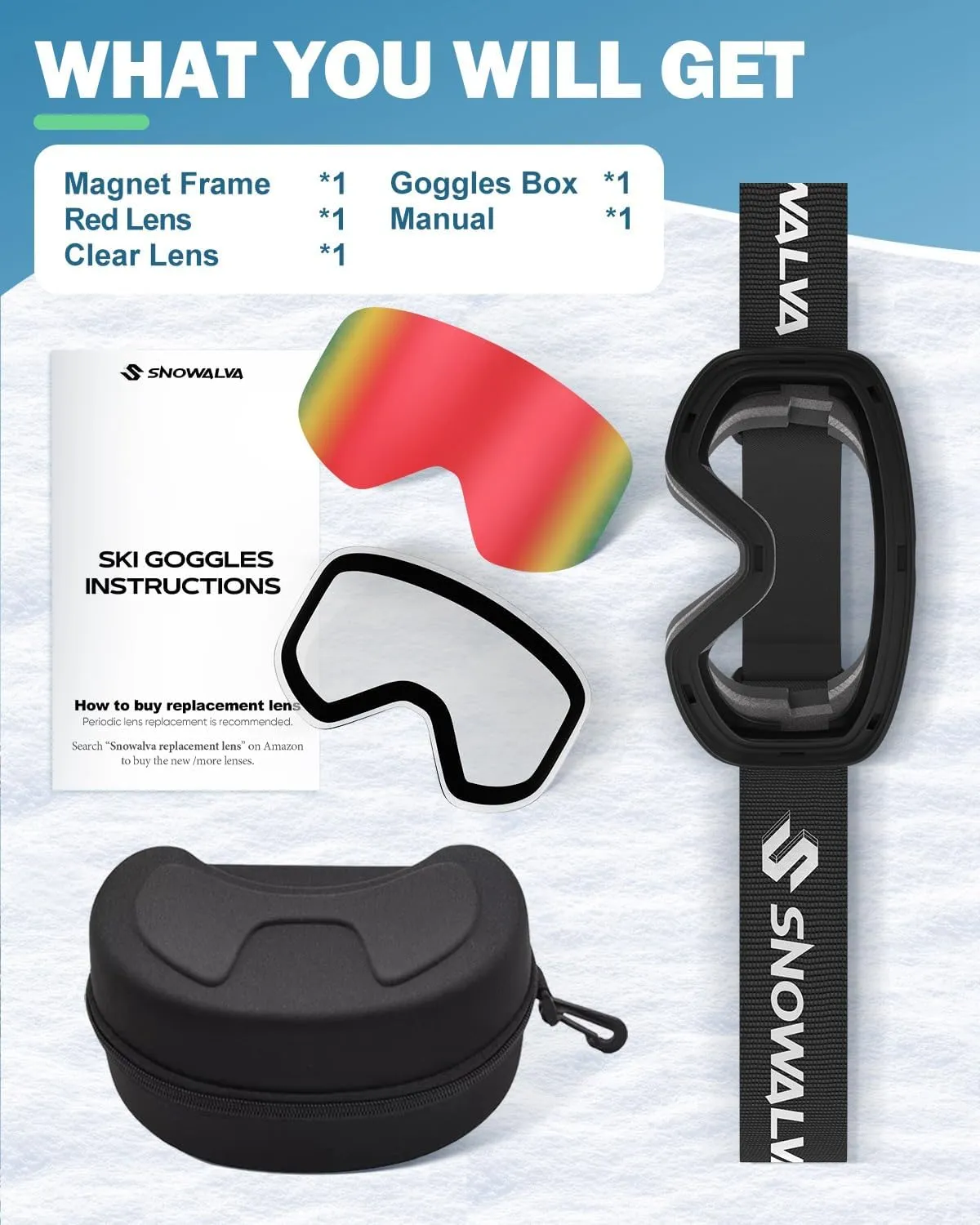Ski Goggles, Frameless Snowboard Goggles with 2 UV400 Magnet Ski Lenses for Men & Women