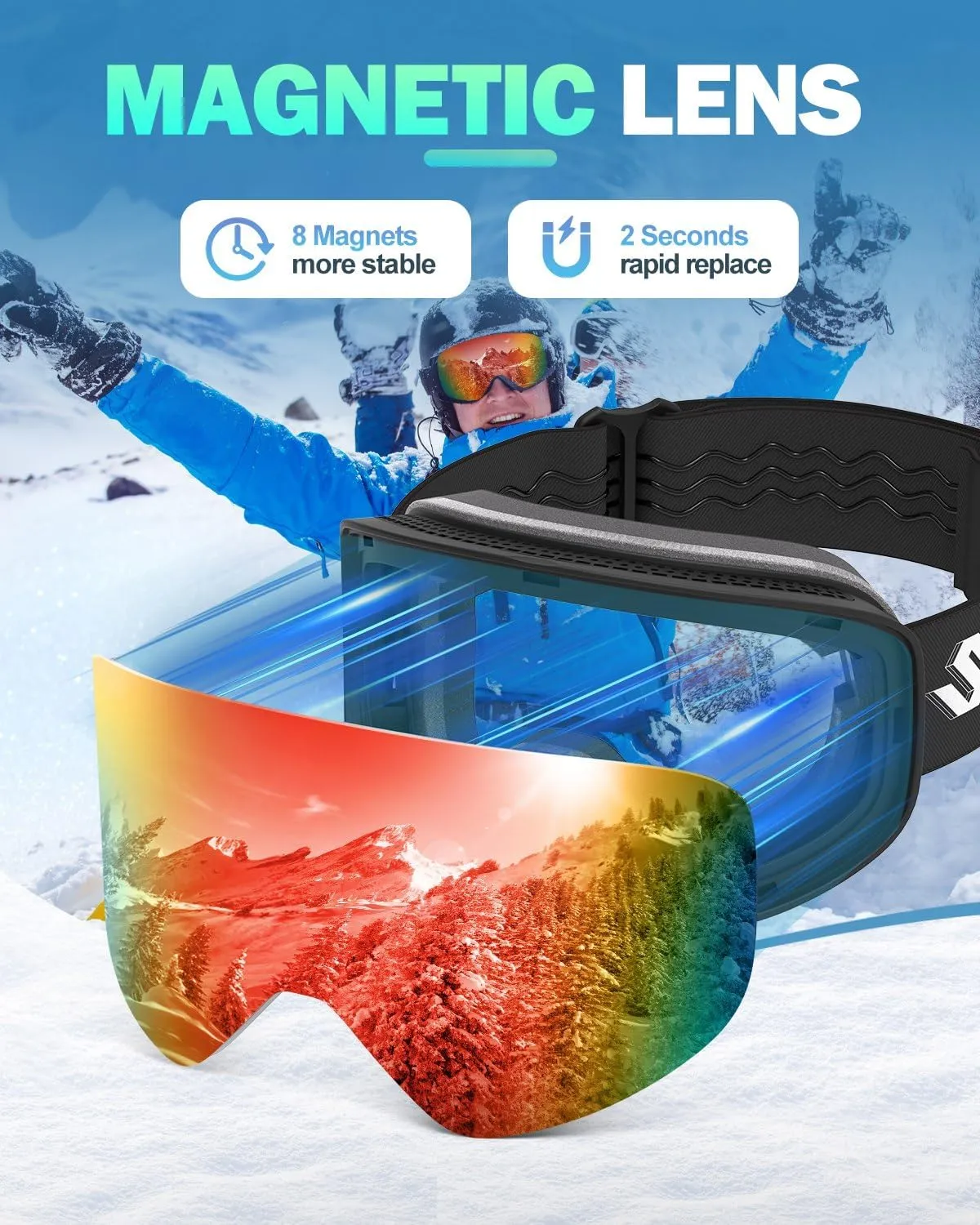 Ski Goggles, Frameless Snowboard Goggles with 2 UV400 Magnet Ski Lenses for Men & Women
