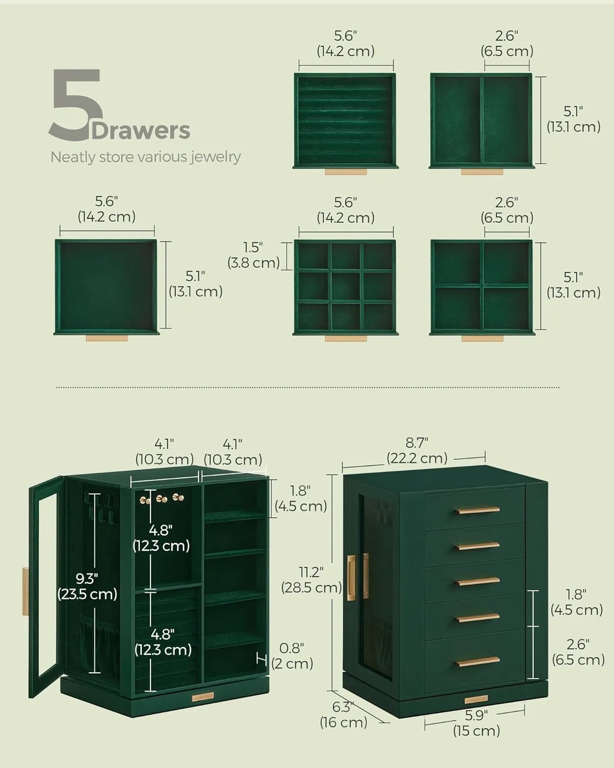 SONGMICS Jewelry Box 360 Rotating, Jewelry Storage Case with 5 Drawers, Jewelry Organizer, Glass Window, Spacious, Vertical Jewelry Storage, Open Design, Great Gift, Forest Green UJBC170C01