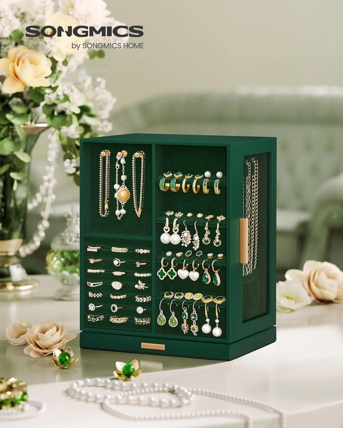 SONGMICS Jewelry Box 360 Rotating, Jewelry Storage Case with 5 Drawers, Jewelry Organizer, Glass Window, Spacious, Vertical Jewelry Storage, Open Design, Great Gift, Forest Green UJBC170C01