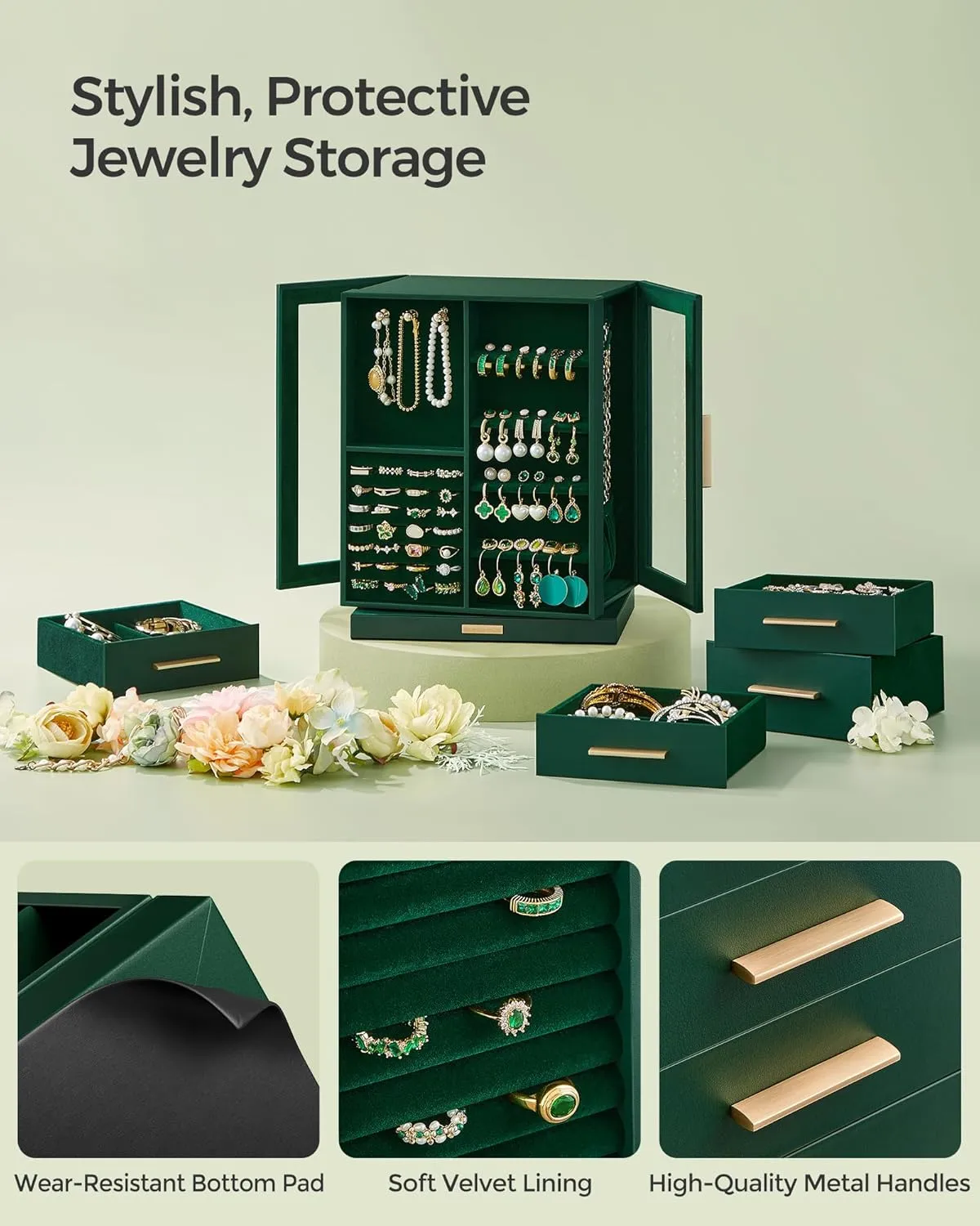 SONGMICS Jewelry Box 360 Rotating, Jewelry Storage Case with 5 Drawers, Jewelry Organizer, Glass Window, Spacious, Vertical Jewelry Storage, Open Design, Great Gift, Forest Green UJBC170C01