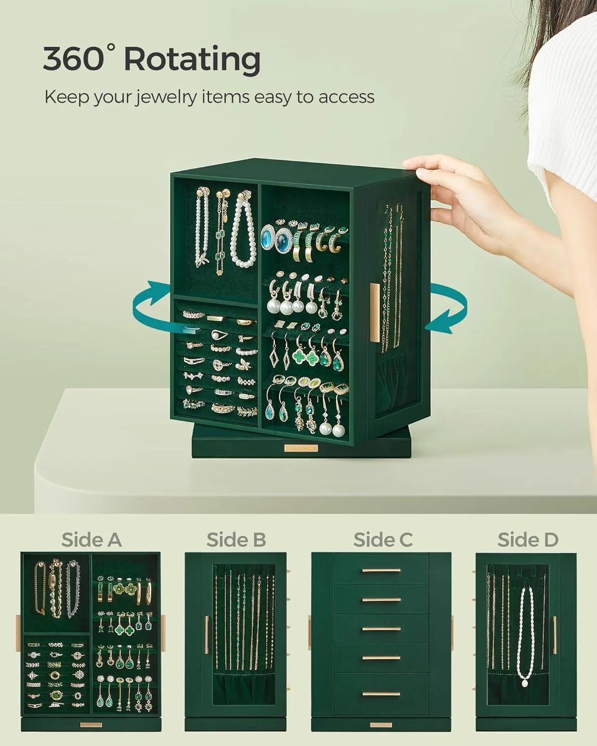 SONGMICS Jewelry Box 360 Rotating, Jewelry Storage Case with 5 Drawers, Jewelry Organizer, Glass Window, Spacious, Vertical Jewelry Storage, Open Design, Great Gift, Forest Green UJBC170C01