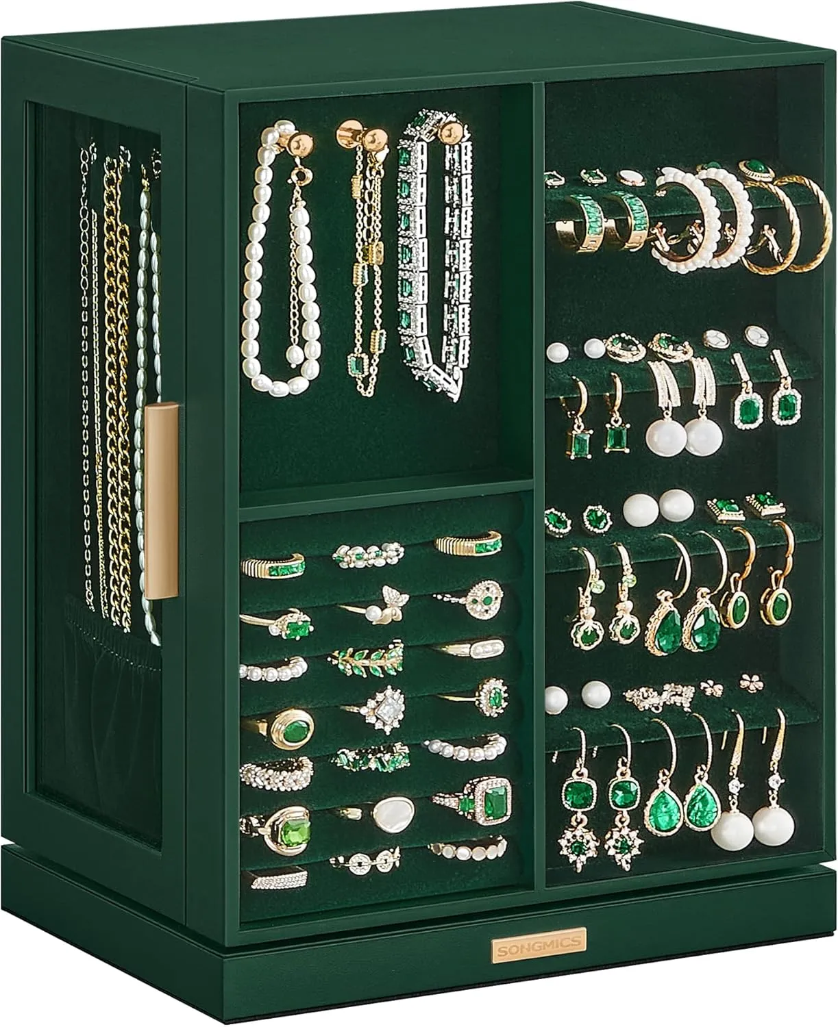 SONGMICS Jewelry Box 360 Rotating, Jewelry Storage Case with 5 Drawers, Jewelry Organizer, Glass Window, Spacious, Vertical Jewelry Storage, Open Design, Great Gift, Forest Green UJBC170C01