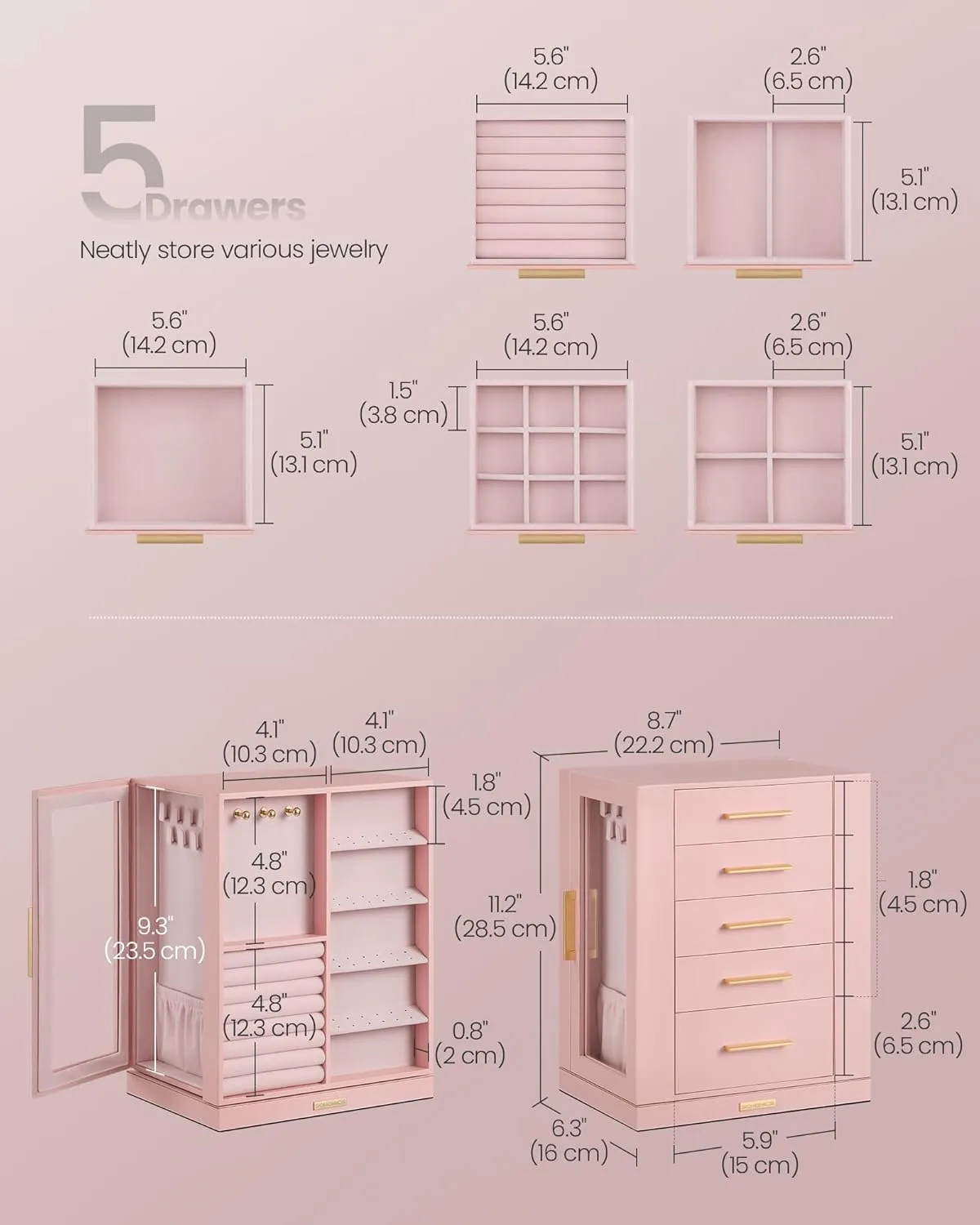 SONGMICS Jewelry Box 360 Rotating, Jewelry Storage Case with 5 Drawers, Jewelry Organizer, Glass Window, Spacious, Vertical Jewelry Storage, Open Design, Great Gift, Jelly Pink UJBC170R01