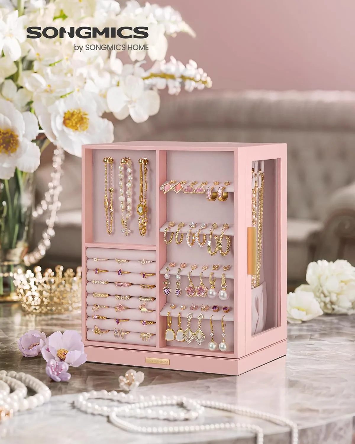 SONGMICS Jewelry Box 360 Rotating, Jewelry Storage Case with 5 Drawers, Jewelry Organizer, Glass Window, Spacious, Vertical Jewelry Storage, Open Design, Great Gift, Jelly Pink UJBC170R01