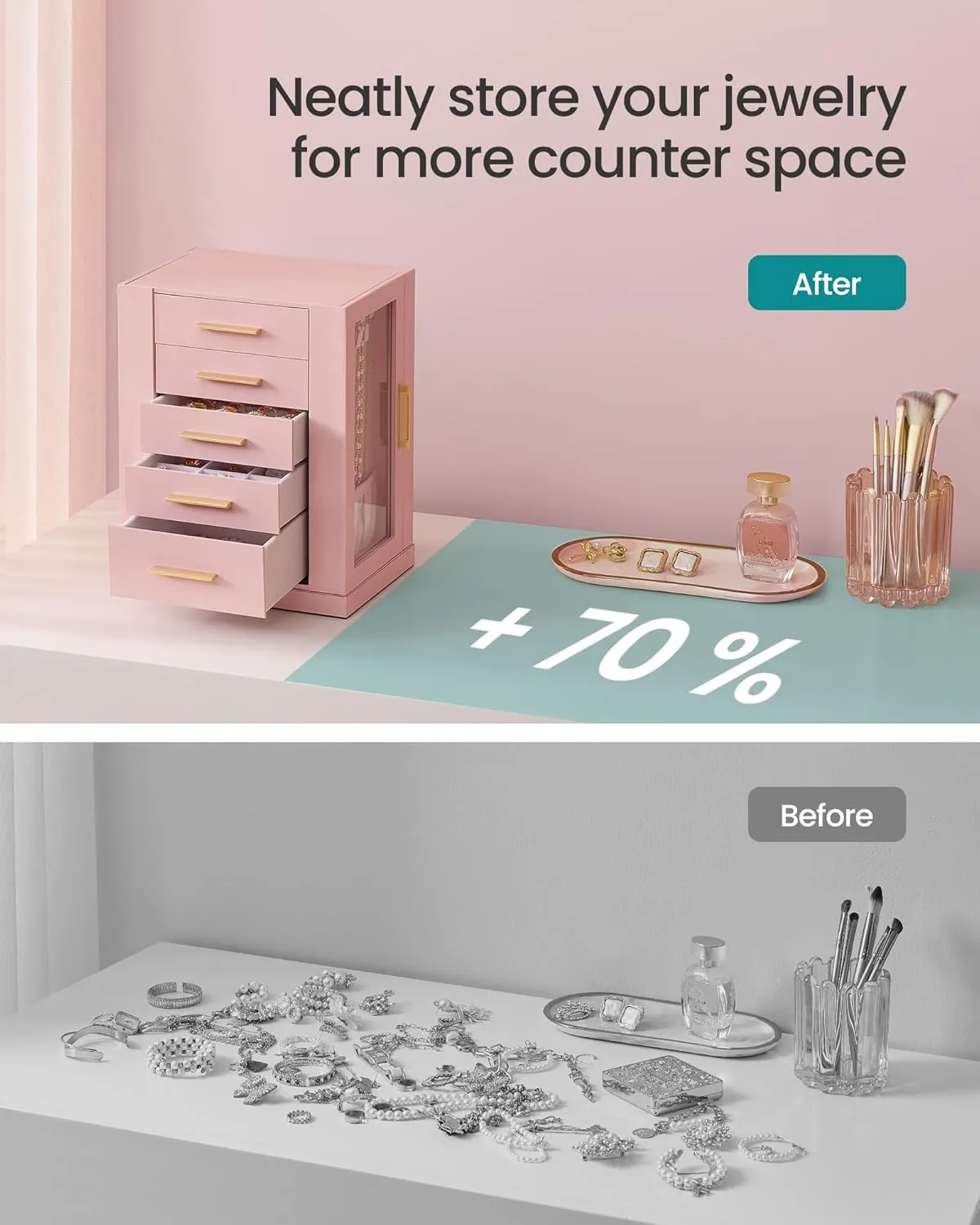 SONGMICS Jewelry Box 360 Rotating, Jewelry Storage Case with 5 Drawers, Jewelry Organizer, Glass Window, Spacious, Vertical Jewelry Storage, Open Design, Great Gift, Jelly Pink UJBC170R01