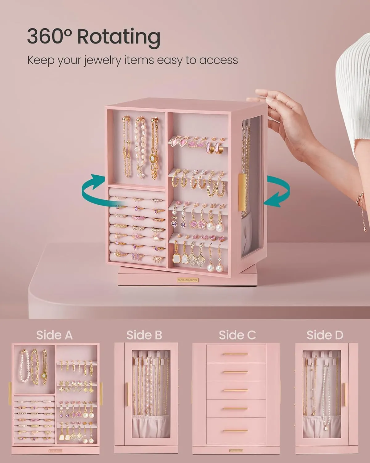 SONGMICS Jewelry Box 360 Rotating, Jewelry Storage Case with 5 Drawers, Jewelry Organizer, Glass Window, Spacious, Vertical Jewelry Storage, Open Design, Great Gift, Jelly Pink UJBC170R01