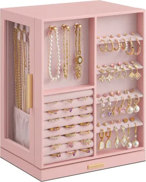 SONGMICS Jewelry Box 360 Rotating, Jewelry Storage Case with 5 Drawers, Jewelry Organizer, Glass Window, Spacious, Vertical Jewelry Storage, Open Design, Great Gift, Jelly Pink UJBC170R01