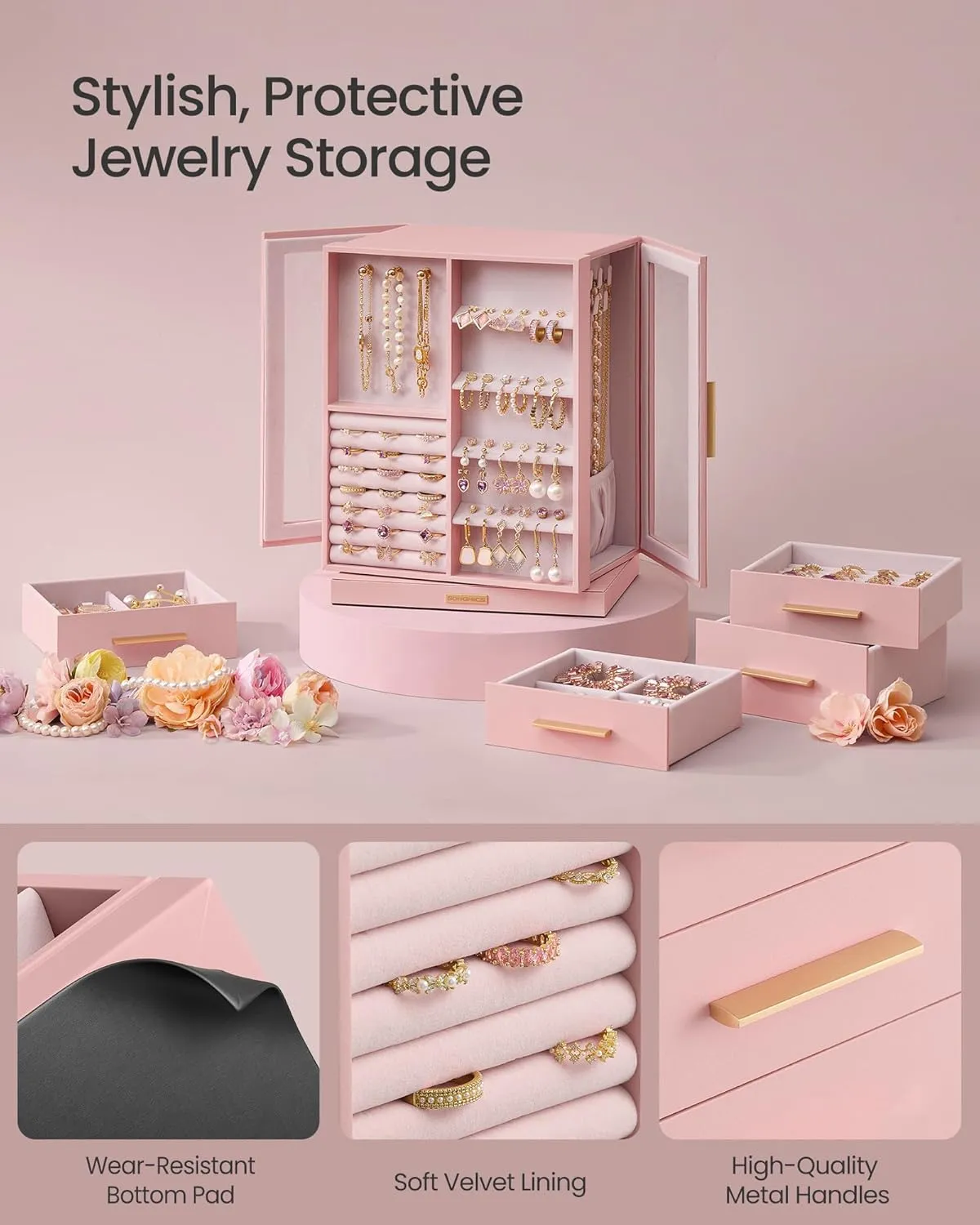 SONGMICS Jewelry Box 360 Rotating, Jewelry Storage Case with 5 Drawers, Jewelry Organizer, Glass Window, Spacious, Vertical Jewelry Storage, Open Design, Great Gift, Jelly Pink UJBC170R01