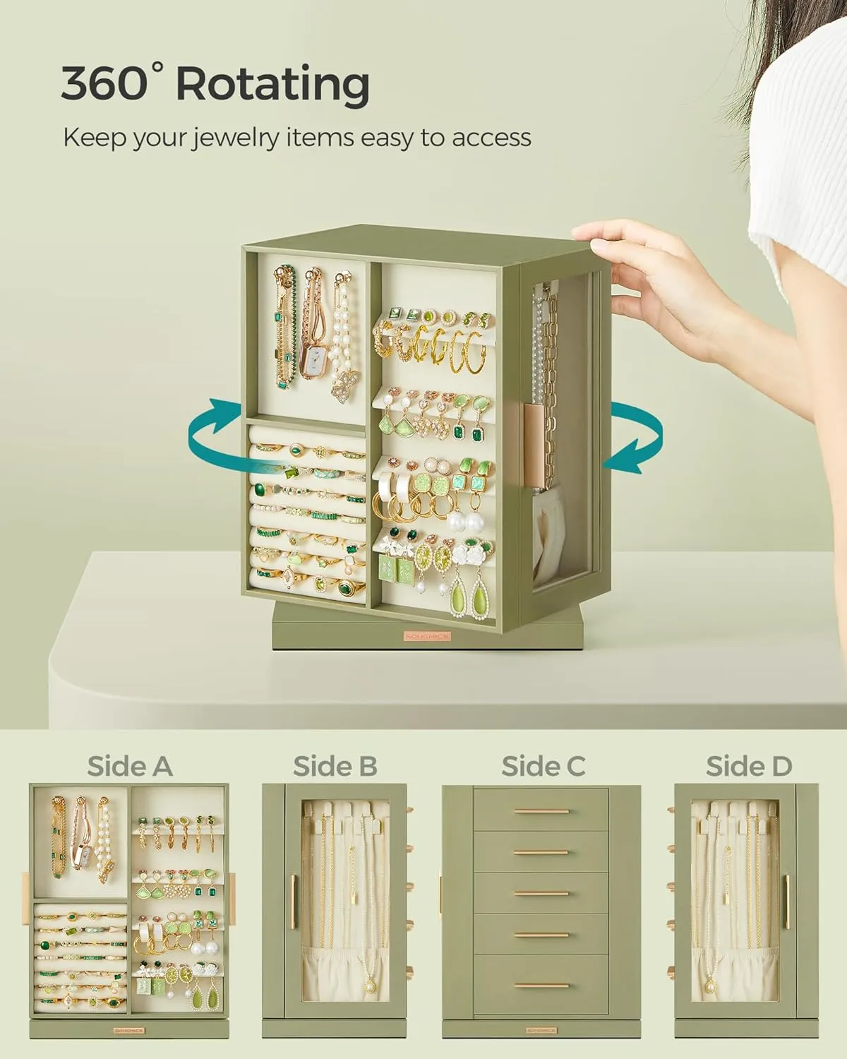 SONGMICS Jewelry Box 360 Rotating, Jewelry Storage Case with 5 Drawers, Jewelry Organizer, Glass Window, Spacious, Vertical Jewelry Storage, Open Design, Great Gift, Laurel Green UJBC170C02