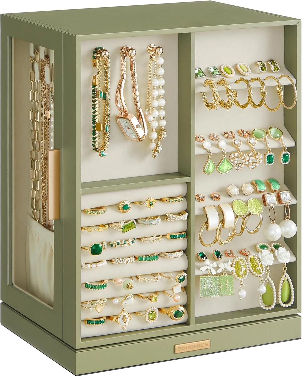 SONGMICS Jewelry Box 360 Rotating, Jewelry Storage Case with 5 Drawers, Jewelry Organizer, Glass Window, Spacious, Vertical Jewelry Storage, Open Design, Great Gift, Laurel Green UJBC170C02