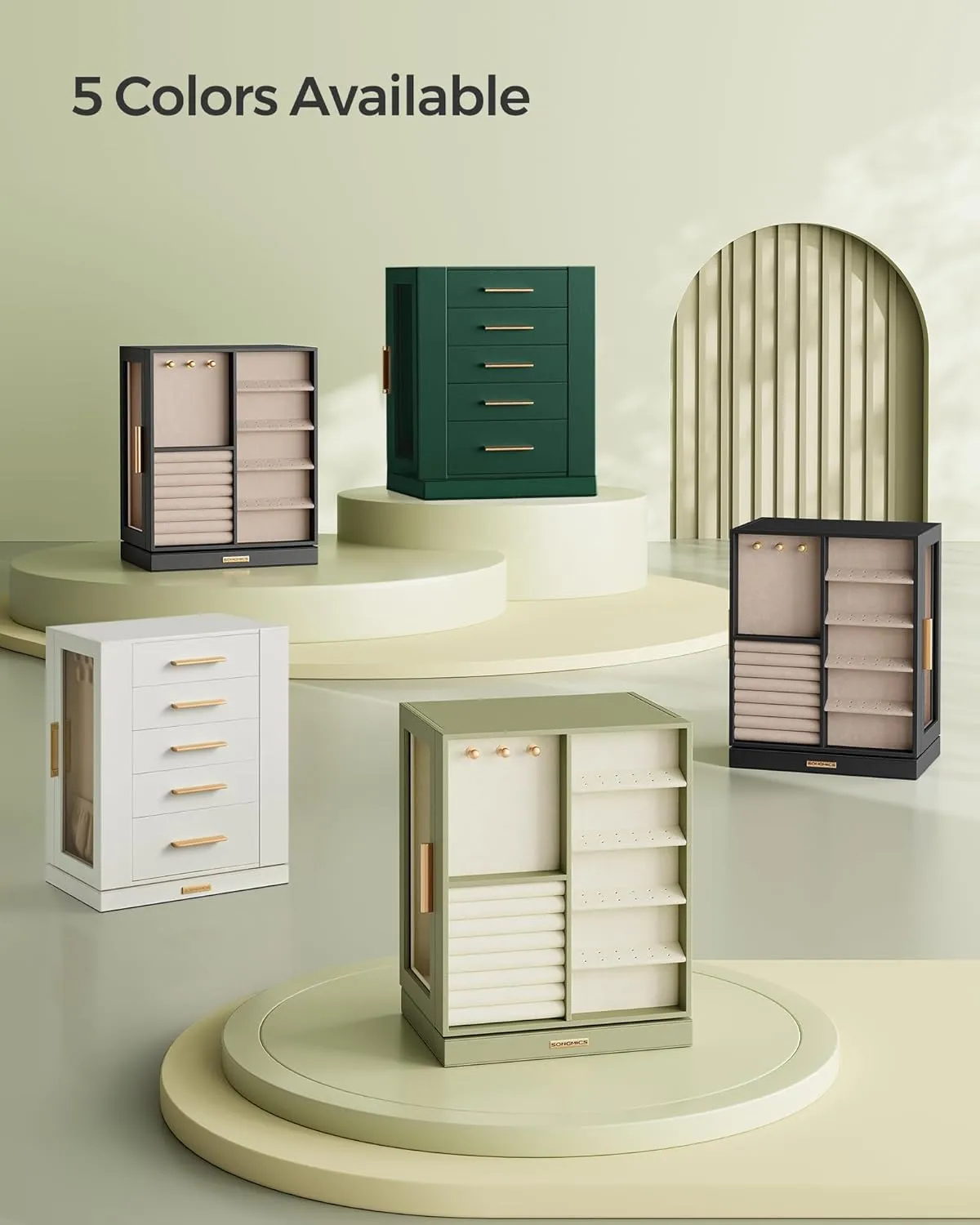 SONGMICS Jewelry Box 360 Rotating, Jewelry Storage Case with 5 Drawers, Jewelry Organizer, Glass Window, Spacious, Vertical Jewelry Storage, Open Design, Great Gift, Laurel Green UJBC170C02