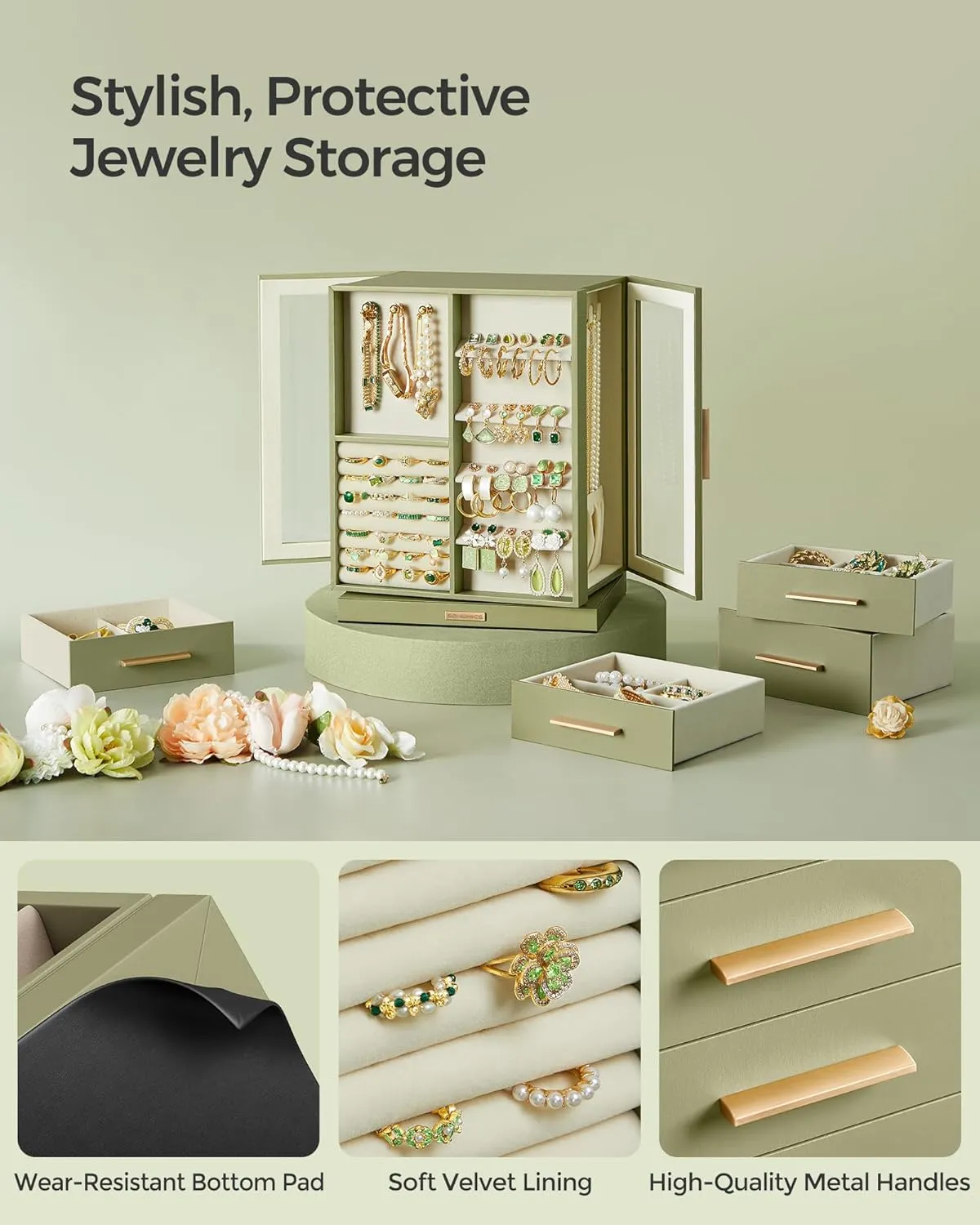 SONGMICS Jewelry Box 360 Rotating, Jewelry Storage Case with 5 Drawers, Jewelry Organizer, Glass Window, Spacious, Vertical Jewelry Storage, Open Design, Great Gift, Laurel Green UJBC170C02