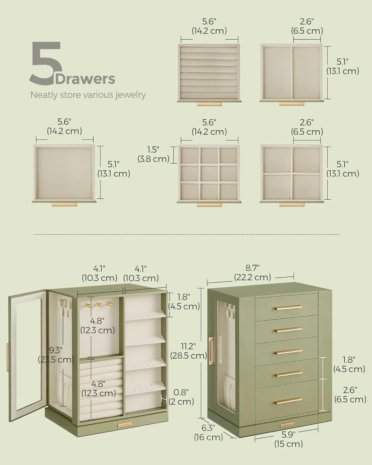 SONGMICS Jewelry Box 360 Rotating, Jewelry Storage Case with 5 Drawers, Jewelry Organizer, Glass Window, Spacious, Vertical Jewelry Storage, Open Design, Great Gift, Laurel Green UJBC170C02
