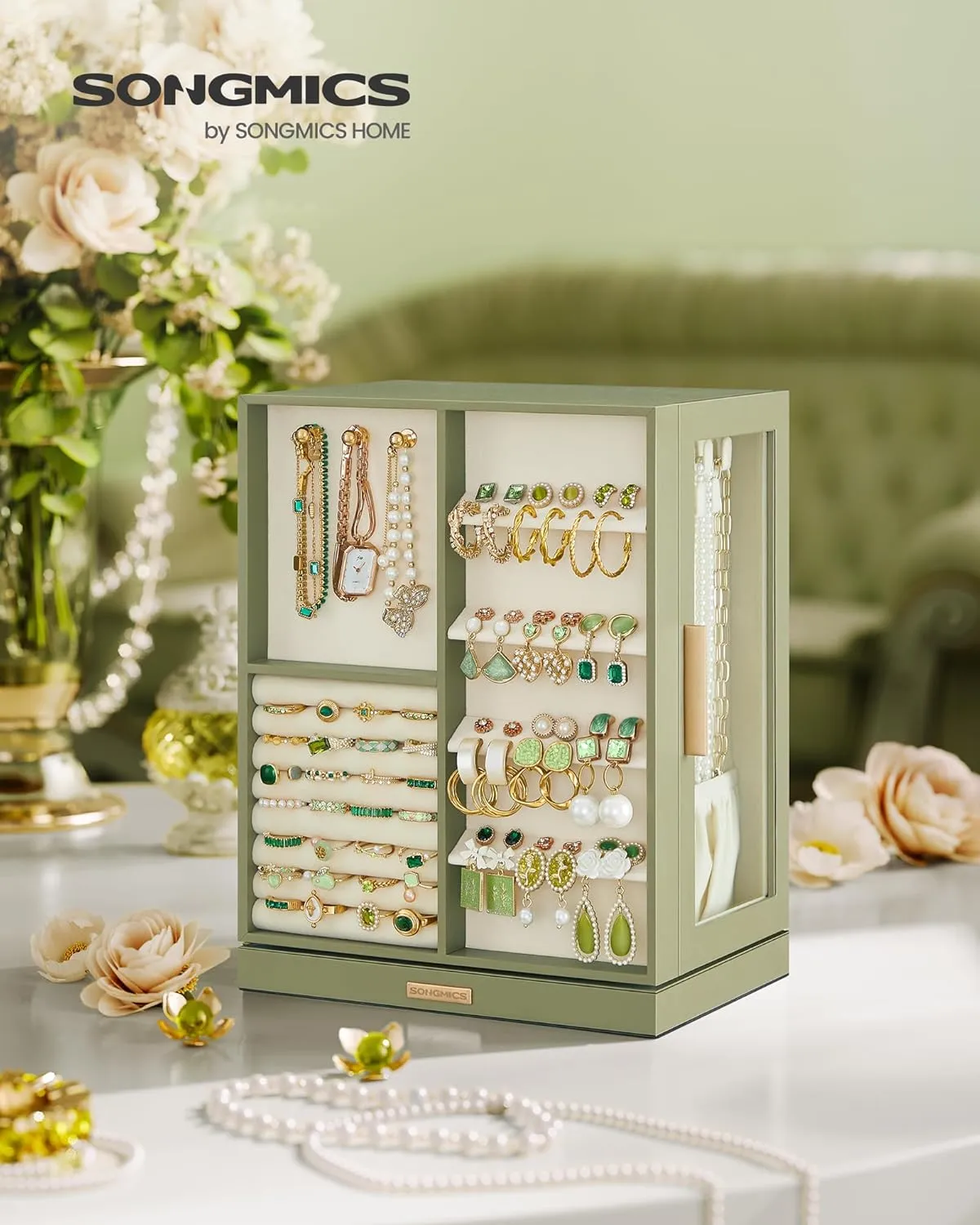 SONGMICS Jewelry Box 360 Rotating, Jewelry Storage Case with 5 Drawers, Jewelry Organizer, Glass Window, Spacious, Vertical Jewelry Storage, Open Design, Great Gift, Laurel Green UJBC170C02