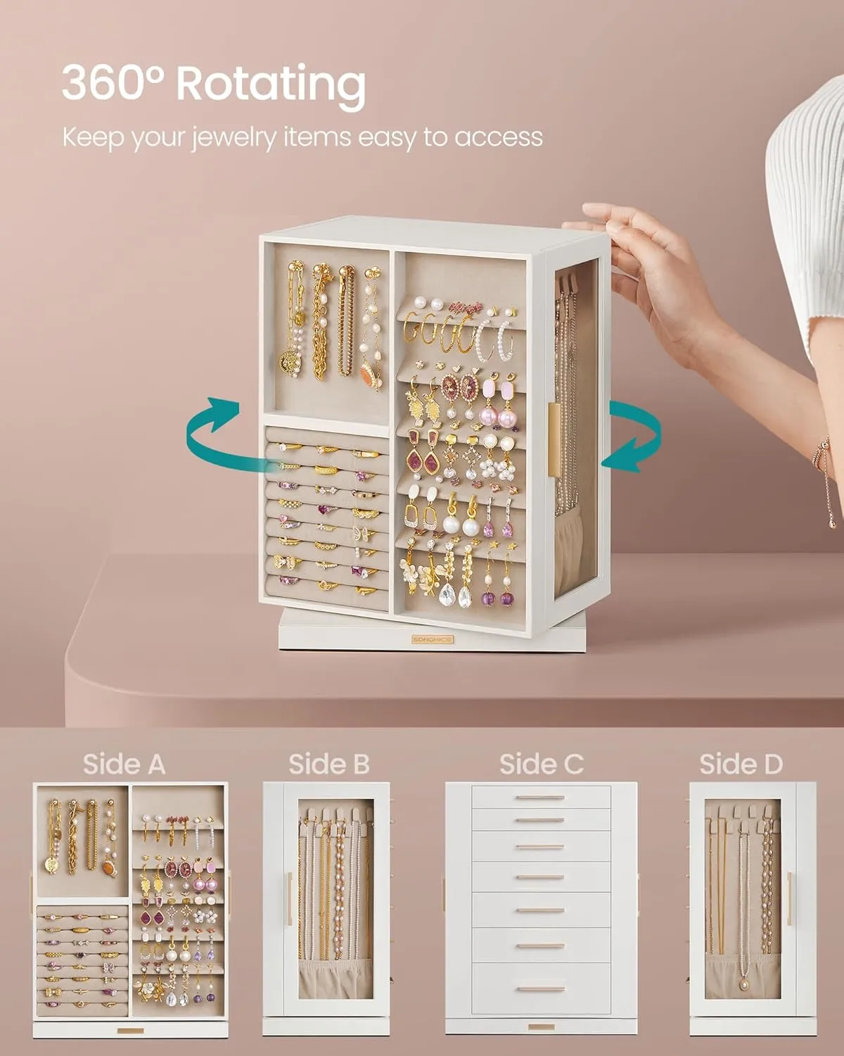 SONGMICS Jewelry Box 360 Rotating, Jewelry Storage Case with 7 Drawers, Jewelry Organizer, Glass Window, Spacious, Vertical Jewelry Storage, Open Design, Great Gift, Cloud White UJBC201W01