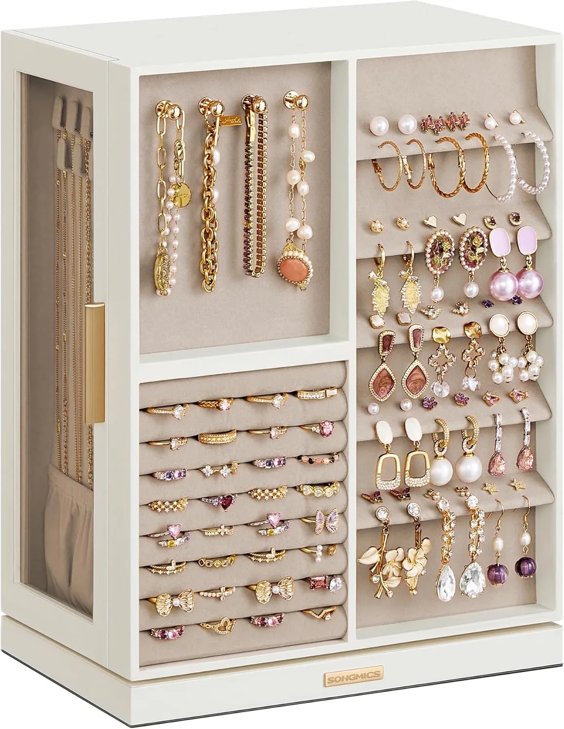 SONGMICS Jewelry Box 360 Rotating, Jewelry Storage Case with 7 Drawers, Jewelry Organizer, Glass Window, Spacious, Vertical Jewelry Storage, Open Design, Great Gift, Cloud White UJBC201W01