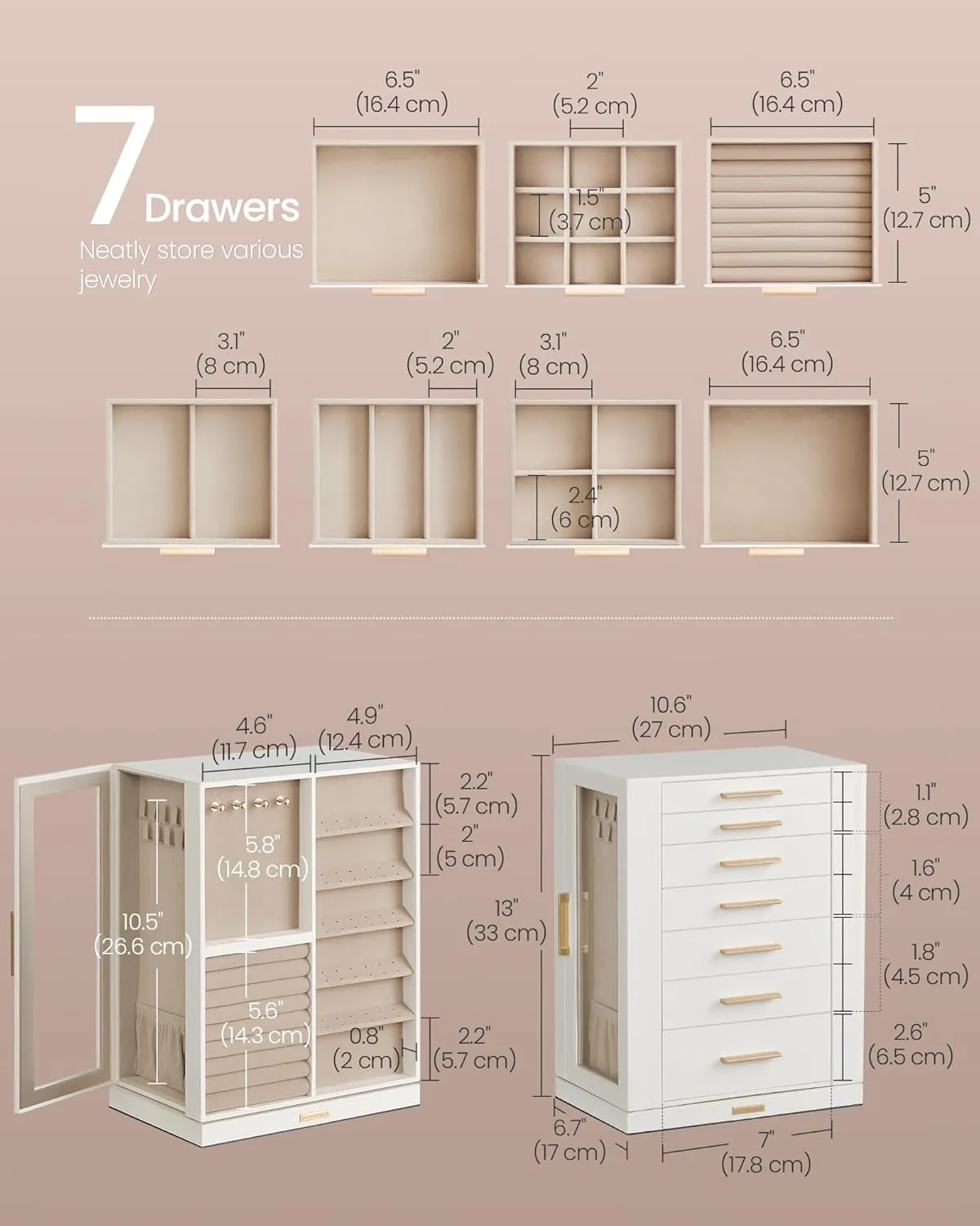 SONGMICS Jewelry Box 360 Rotating, Jewelry Storage Case with 7 Drawers, Jewelry Organizer, Glass Window, Spacious, Vertical Jewelry Storage, Open Design, Great Gift, Cloud White UJBC201W01