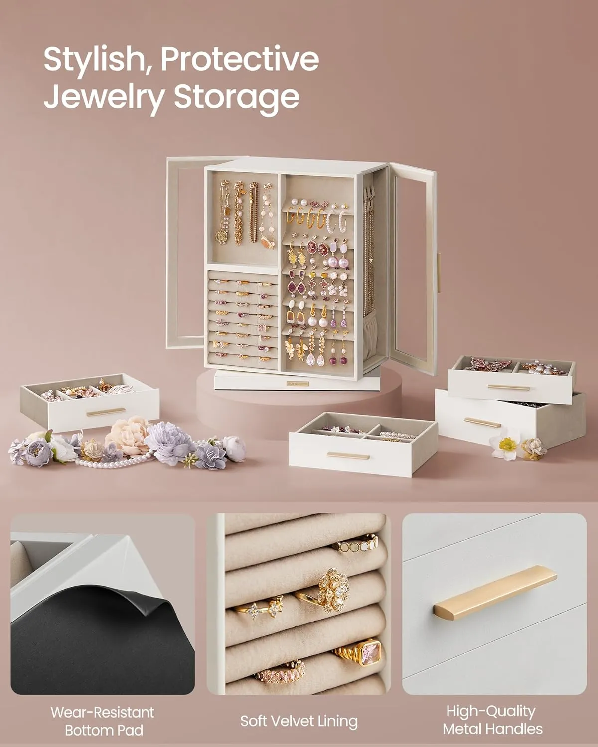 SONGMICS Jewelry Box 360 Rotating, Jewelry Storage Case with 7 Drawers, Jewelry Organizer, Glass Window, Spacious, Vertical Jewelry Storage, Open Design, Great Gift, Cloud White UJBC201W01