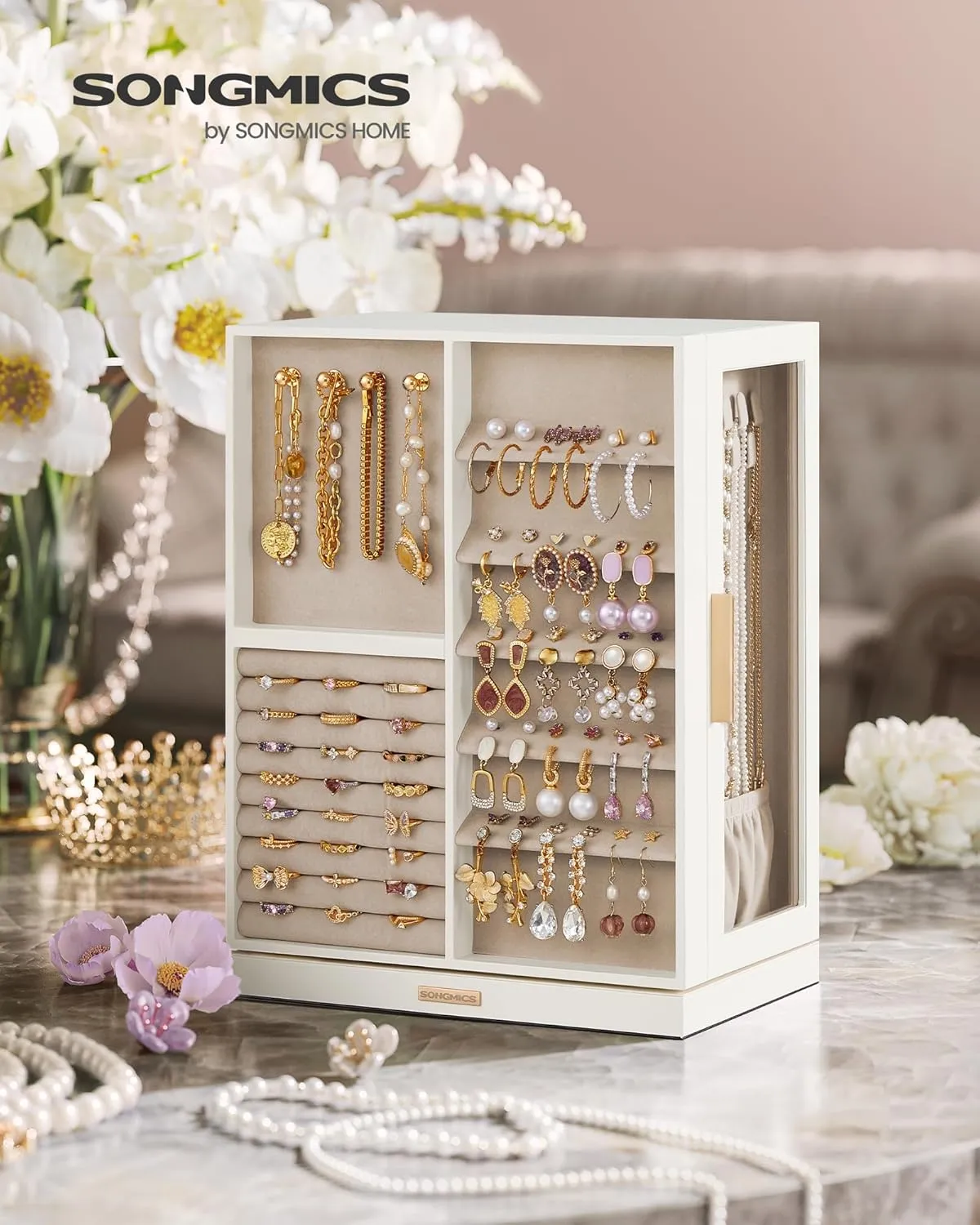 SONGMICS Jewelry Box 360 Rotating, Jewelry Storage Case with 7 Drawers, Jewelry Organizer, Glass Window, Spacious, Vertical Jewelry Storage, Open Design, Great Gift, Cloud White UJBC201W01