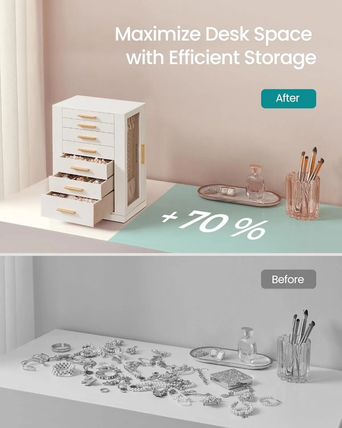 SONGMICS Jewelry Box 360 Rotating, Jewelry Storage Case with 7 Drawers, Jewelry Organizer, Glass Window, Spacious, Vertical Jewelry Storage, Open Design, Great Gift, Cloud White UJBC201W01