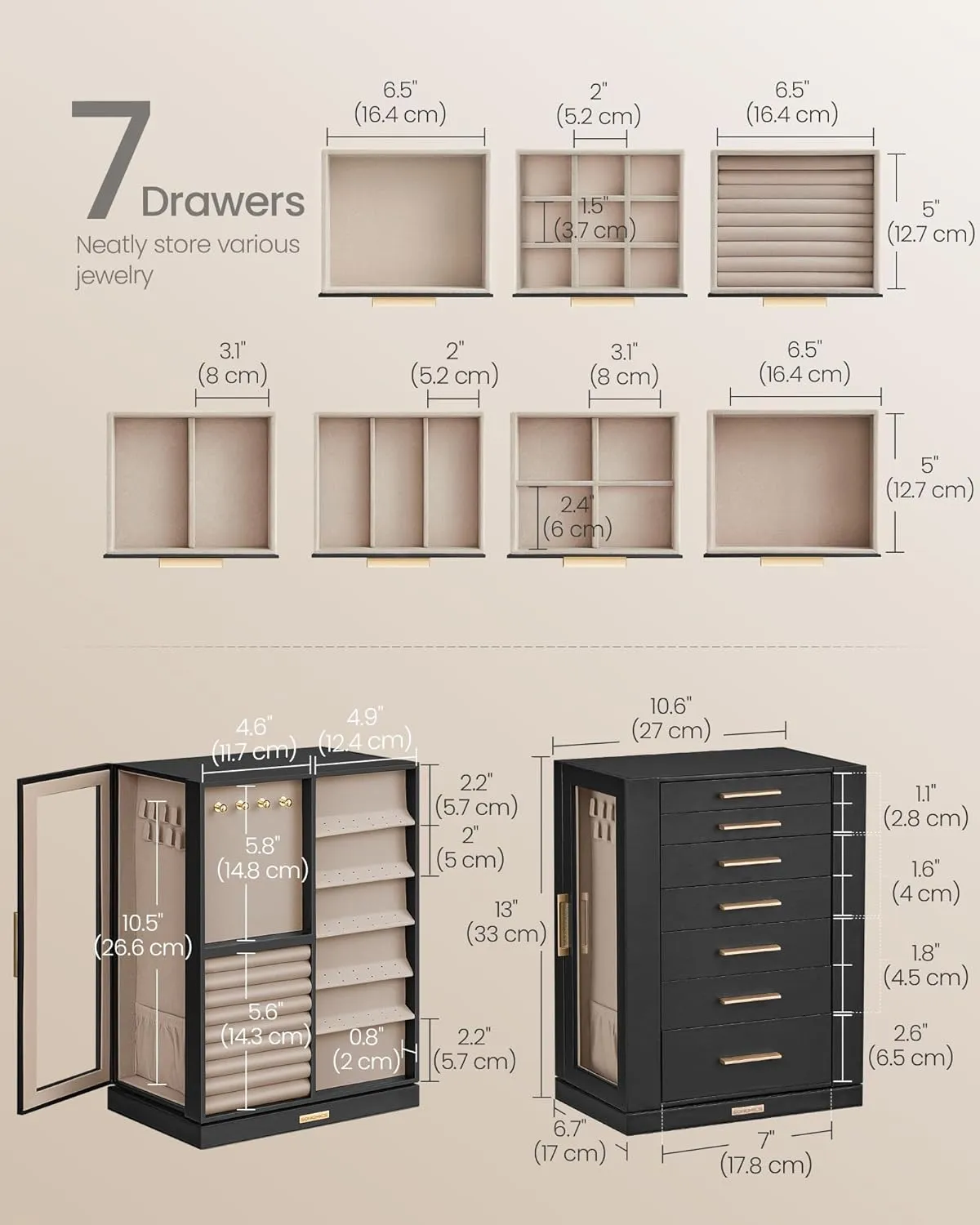 SONGMICS Jewelry Box 360 Rotating, Jewelry Storage Case with 7 Drawers, Jewelry Organizer, Glass Window, Spacious, Vertical Jewelry Storage, Open Design, Great Gift, Ink Black UJBC201B01
