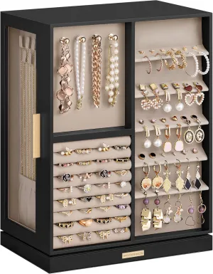 SONGMICS Jewelry Box 360 Rotating, Jewelry Storage Case with 7 Drawers, Jewelry Organizer, Glass Window, Spacious, Vertical Jewelry Storage, Open Design, Great Gift, Ink Black UJBC201B01