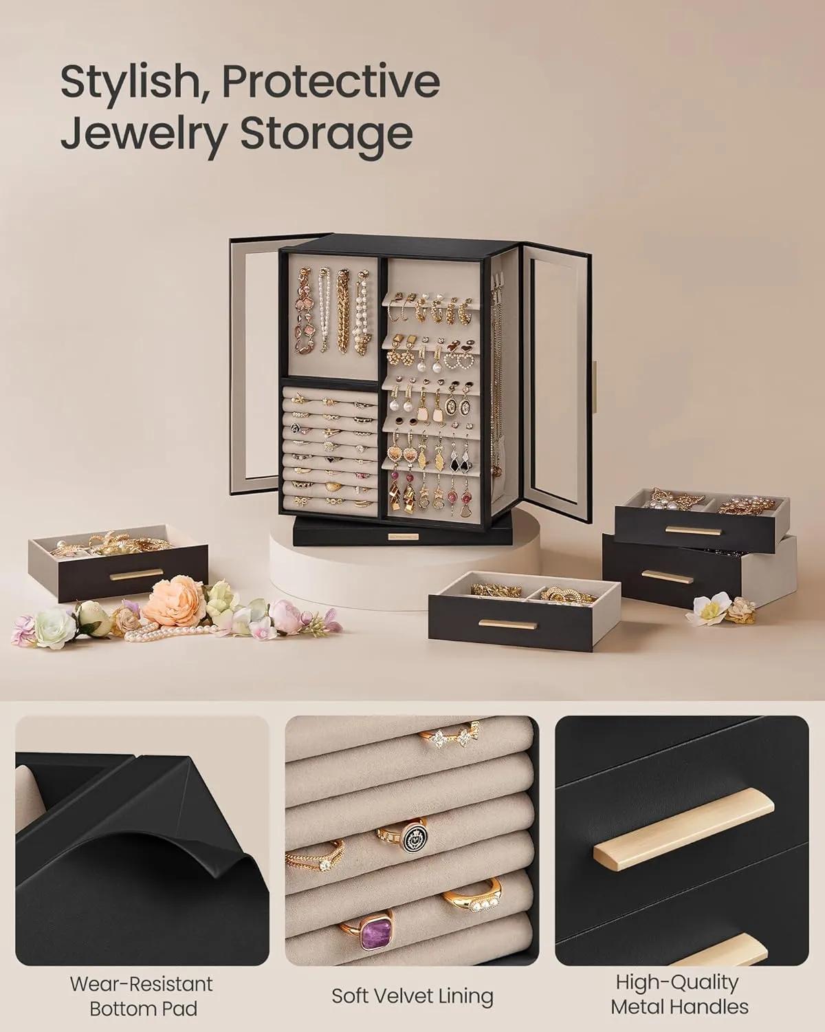 SONGMICS Jewelry Box 360 Rotating, Jewelry Storage Case with 7 Drawers, Jewelry Organizer, Glass Window, Spacious, Vertical Jewelry Storage, Open Design, Great Gift, Ink Black UJBC201B01