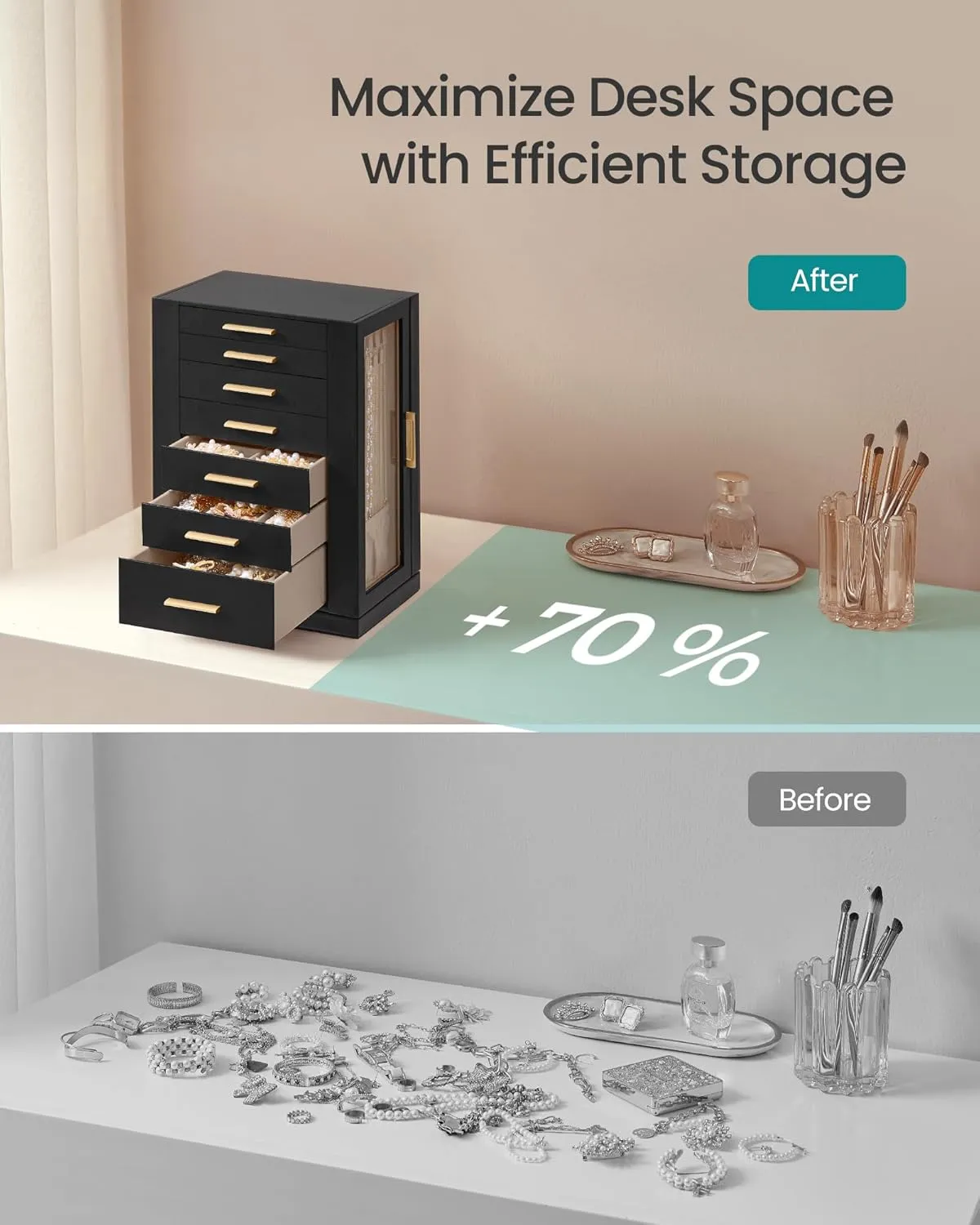 SONGMICS Jewelry Box 360 Rotating, Jewelry Storage Case with 7 Drawers, Jewelry Organizer, Glass Window, Spacious, Vertical Jewelry Storage, Open Design, Great Gift, Ink Black UJBC201B01