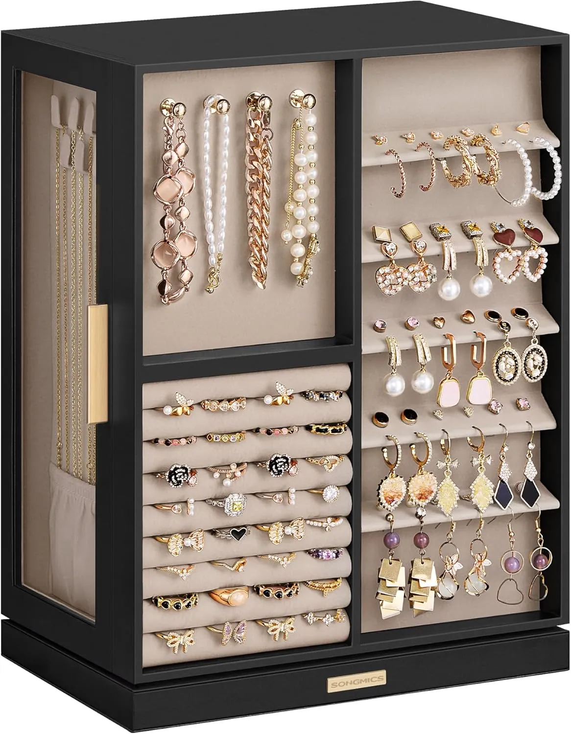 SONGMICS Jewelry Box 360 Rotating, Jewelry Storage Case with 7 Drawers, Jewelry Organizer, Glass Window, Spacious, Vertical Jewelry Storage, Open Design, Great Gift, Ink Black UJBC201B01