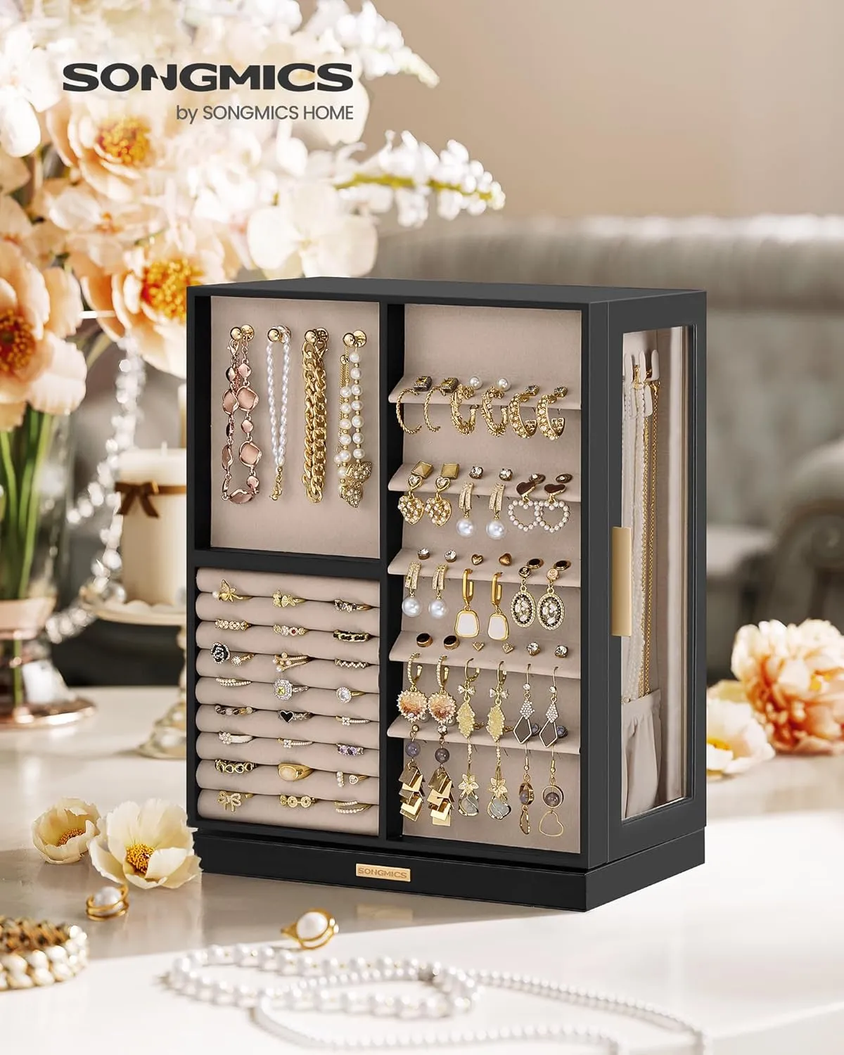 SONGMICS Jewelry Box 360 Rotating, Jewelry Storage Case with 7 Drawers, Jewelry Organizer, Glass Window, Spacious, Vertical Jewelry Storage, Open Design, Great Gift, Ink Black UJBC201B01