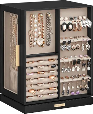 SONGMICS Jewelry Box 360Rotating, Jewelry Storage Case with 5 Drawers, Jewelry Organizer, Glass Window, Spacious, Vertical Jewelry Storage, Open Design, Great Gift, Graphite Black UJBC170B01